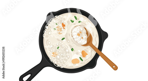 Cooking bubbling creamy rice porridge in a pan with a wooden spoon, culinary illustration