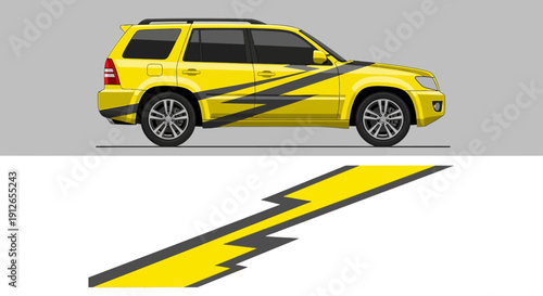 Bright yellow SUV with bold black diagonal decal and stylized stripe design beside road scene.