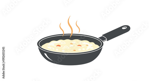 A vibrant digital illustration depicting a hot and steaming creamy meal gently cooking in a dark gray frying pan, symbolizing warmth, nutrition, and