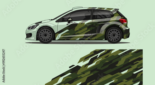 Camouflage-patterned car with green military wrap seen in profile.