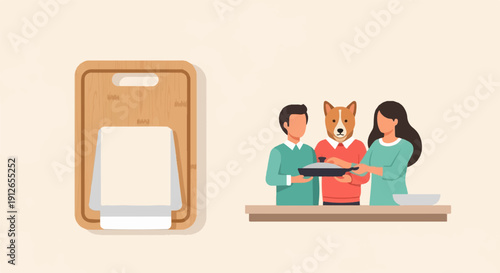 Two people and a dog prepare a meal on a table, with a cutting board