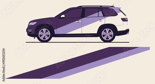 Stylized purple and white car shown in profile with elongated shadow on beige background.