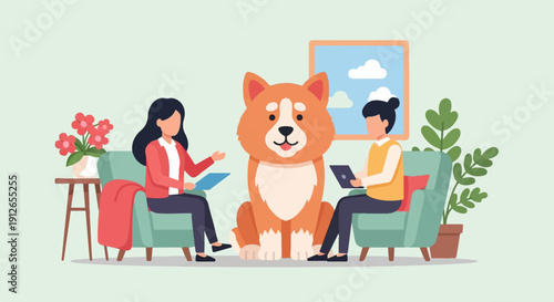 Two people and a dog in a living room with plants and a picture