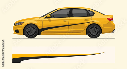 Bright yellow sedan side profile with bold black stripe and sporty design.