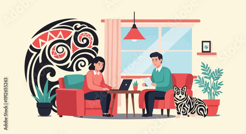 Two people and a dog in a room with decorative art and plants