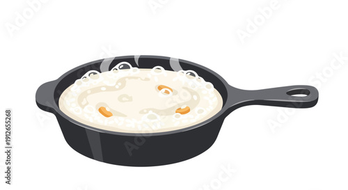 A delightful illustration of a creamy, warm food simmering gently in a dark, rustic cooking pan, featuring gentle bubbles and inviting steam rising