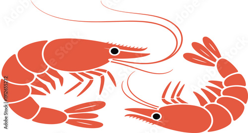 Two red shrimp or prawns, seafood restaurant menu element, simple flat vector illustration