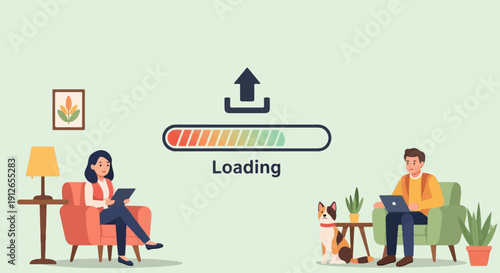 Two people and a dog relax at home while a loading bar indicates an upload in progress