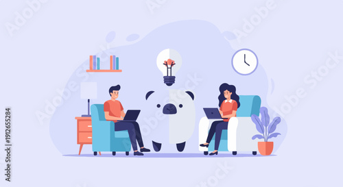 Two people work on laptops in a cozy room with a pig bank and a lightbulb