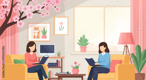 Two women relax indoors on sofas with laptops, surrounded by plants and springtime blossoms
