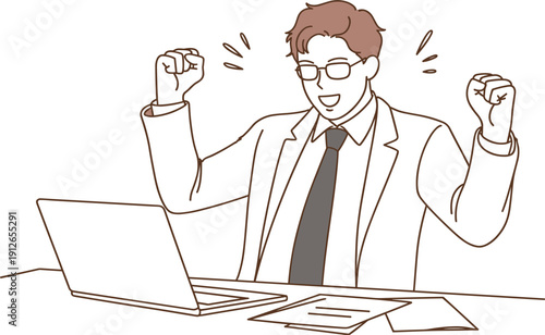 Successful businessman celebrating achievement at laptop in office, hand drawn happy male employee, vector illustration