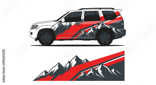 Graphic van with bold mountain motif used for travel and adventure branding.