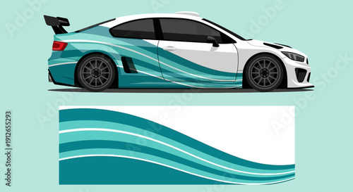 Sleek teal racing car with dynamic graphic design and waves banner for modern transportation art.