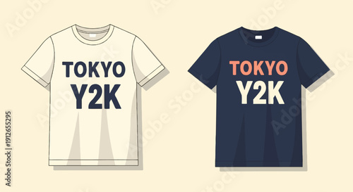 Two t-shirts, one cream and one navy, featuring "TOKYO Y2K" text