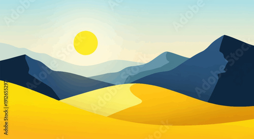 Vast desert landscape with rolling dunes and layered mountains under a bright sun