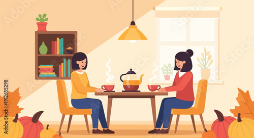 Two people enjoying a warm beverage at a table decorated with autumn elements