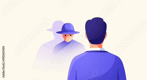 Two figures, one facing away, the other in profile with ghost image