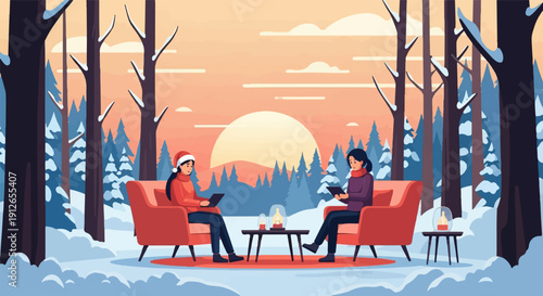 Two women relax on armchairs in a snowy forest with tablets
