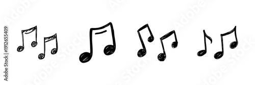 Musical Notes Line Icon Set In Doodle Style. Melody, Rhythm, And Sound Representation Outline Sketch Collection. Hand Drawn Isolated Vector Illustration