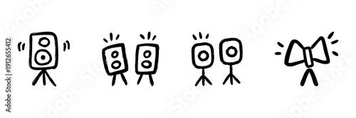 Speakers And Bow Tie Line Icon Set In Doodle Style. Audio Equipment, Sound System, And Formal Event Symbolism Outline Sketch Collection. Hand Drawn Isolated Vector Illustration