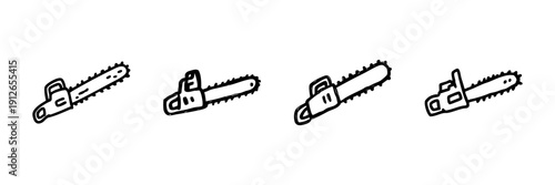Chainsaw Line Icon Set In Doodle Style. Woodcutting, Forestry, And Logging Equipment Outline Sketch Collection. Hand Drawn Isolated Vector Illustration