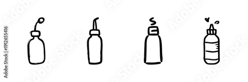 Bottles With Various Nozzles Line Icon Set In Doodle Style. Liquid Dispensing, Applicator, And Container Outline Sketch Collection. Hand Drawn Isolated Vector Illustration