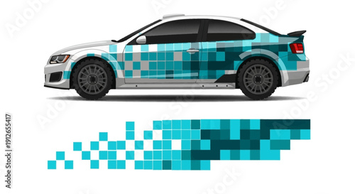 Sleek teal and blue pixelated car wrap with modern graphics and reflective finish.