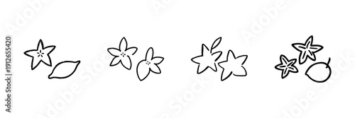 Starfruit And Citrus Line Icon Set In Doodle Style. Tropical Fruit, Exotic Flavor, And Culinary Ingredient Outline Sketch Collection. Hand Drawn Isolated Vector Illustration