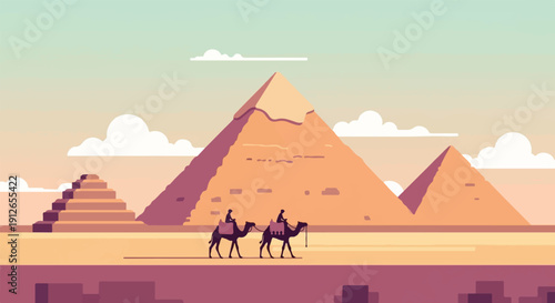 Two figures on camels traverse a desert landscape with pyramids under a pastel sky