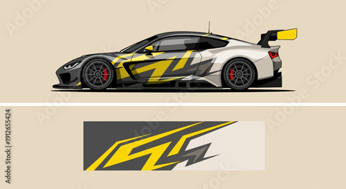 High speed yellow and black racecar with aggressive aerodynamic design on track.