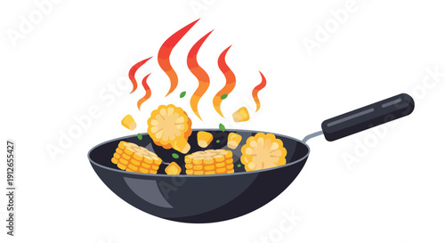 Vibrant cartoon depiction of fresh corn cobs and kernels cooking in a hot pan.