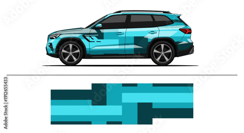 Side view of a modern blue crossover vehicle with geometric design elements.