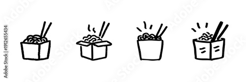 Takeout Noodles Box Line Icon Set In Doodle Style. Asian Cuisine, Fast Food, And Meal Delivery Outline Sketch Collection. Hand Drawn Isolated Vector Illustration