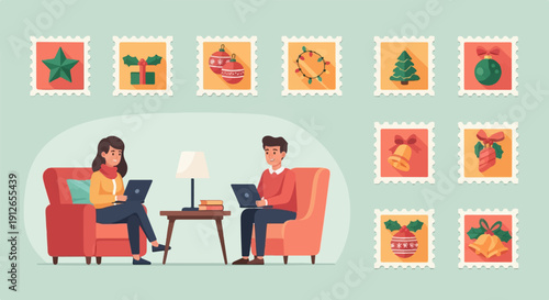 Two people work on laptops at home, surrounded by festive holiday postage stamps