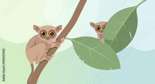 Two whimsical, cartoon tarsiers with large eyes cling to a branch surrounded by green leaves