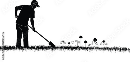 Black silhouette of a male gardener digging in a garden with a shovel isolated on white background for landscaping design