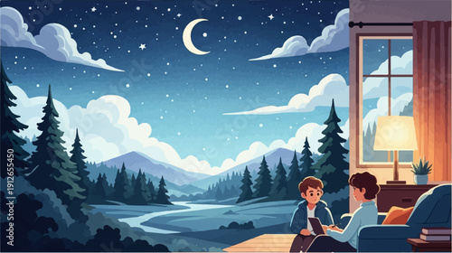 Two figures indoors observe a starry night landscape through a window