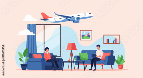 Two people work on laptops at home while a plane flies overhead