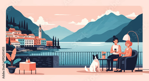 Two women relax with a dog on a balcony overlooking a picturesque Italian town