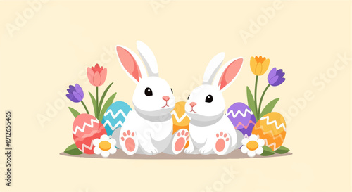 Two white bunnies sit among colorful Easter eggs and spring tulips