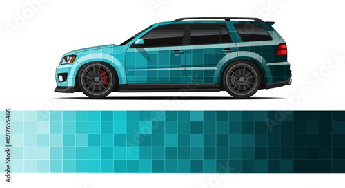 Teal Hatchback Sideview Car with Checkerboard Mosaic Pattern and Modern Design.