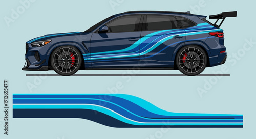 Sleek blue sports car with dynamic racing graphics and bold stripes across streamlined body.