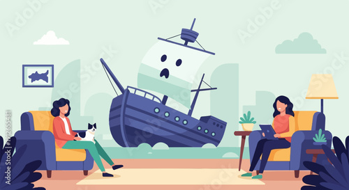 Two women relaxing at home with a surreal ghost ship in the background