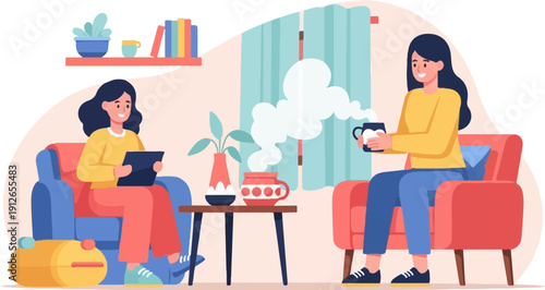 Two women relaxing indoors, one using a tablet, the other holding a hot drink