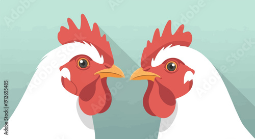 Two white chickens with red crests face each other on a pale blue background