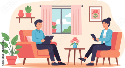 Two people in a living room, one on each side of a coffee table, holding tablets