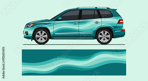Turquoise SUV Driving Along Coastal Road Above Blue Ocean Waves.