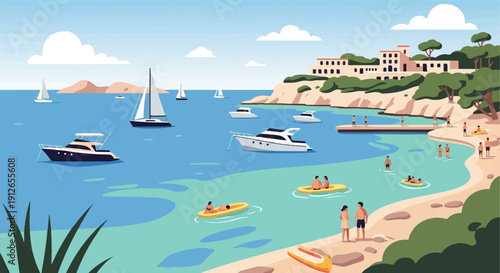 Vibrant coastal scene with yachts and people enjoying beach activities under a clear sky