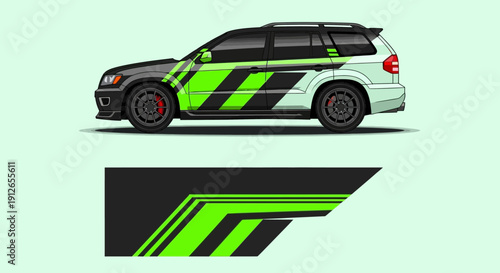Side profile of a police patrol car with bright neon green stripes on a light background.