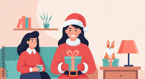 Two women and a dog enjoy Christmas, gifts, and cozy home decor
